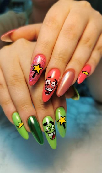 Colorful advanced nail art design created by a student of Planet Nails Art online nail academy based in Italy